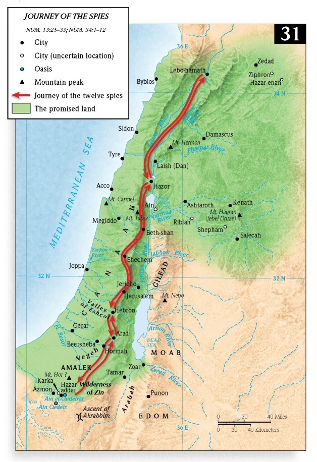 Map Of The Route Of The 12 Spies Of Canaan